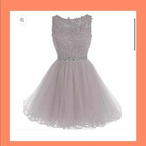 A-line short tulle Party Dress, Silver, beaded w/ lace appliqués, Sleeveless XS